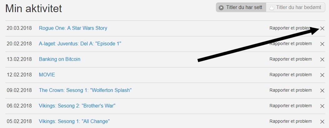 Trykk på X ved siden av innholdet du vil slette fra din Netflix historikk