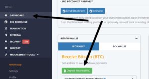 Slik ser det ut når du skal få adressen som du bruker for å overføre Bitcoin fra CoinBase til Bitconnect.co